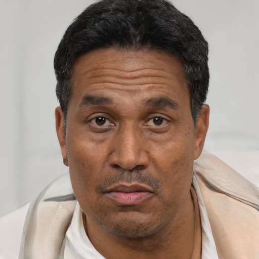 Joyful black adult male with short  black hair and brown eyes