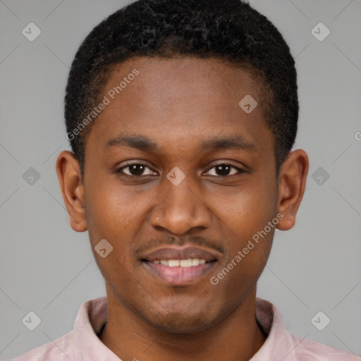 Joyful latino young-adult male with short  brown hair and brown eyes