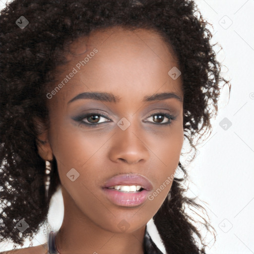 Joyful black young-adult female with long  brown hair and brown eyes