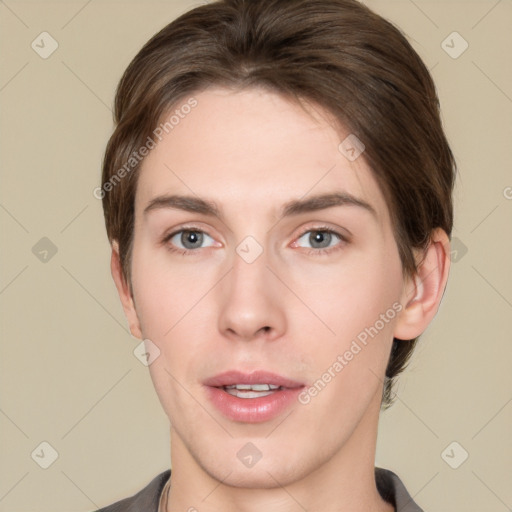 Neutral white young-adult female with short  brown hair and brown eyes