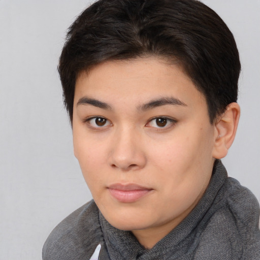 Neutral asian young-adult female with short  brown hair and brown eyes