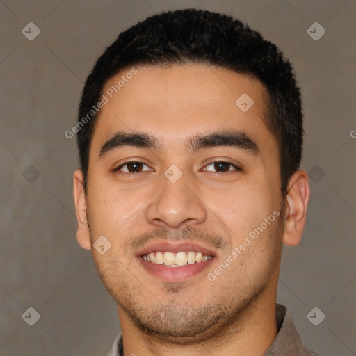 Joyful latino young-adult male with short  black hair and brown eyes