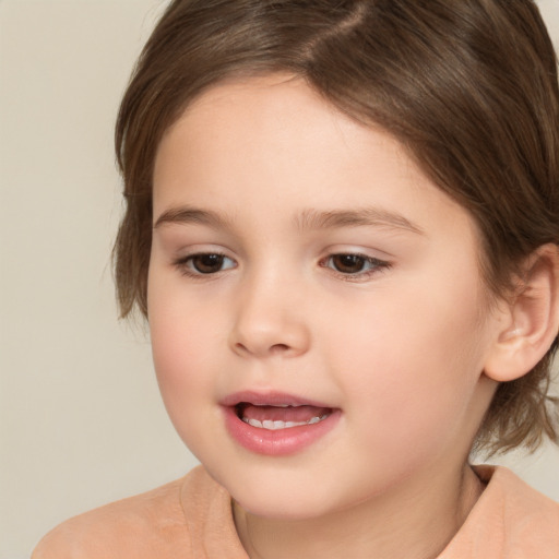 Joyful white child female with medium  brown hair and brown eyes