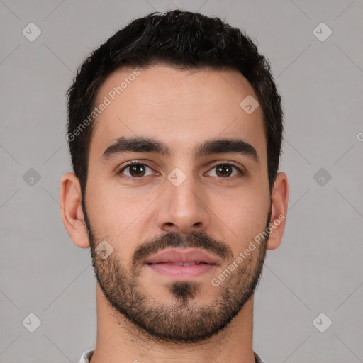 Neutral white young-adult male with short  brown hair and brown eyes