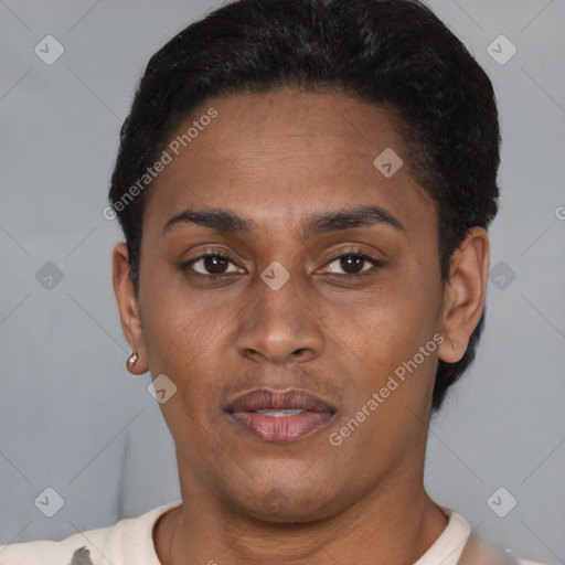Joyful latino young-adult female with short  brown hair and brown eyes