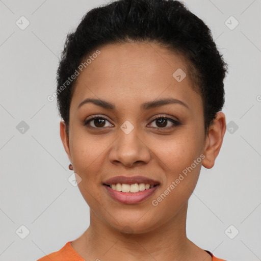 Joyful latino young-adult female with short  brown hair and brown eyes