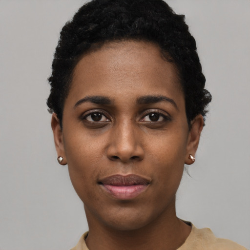 Neutral black young-adult female with short  black hair and brown eyes