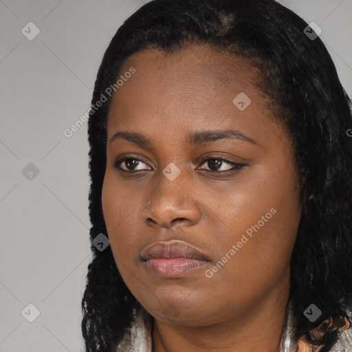 Neutral black young-adult female with long  black hair and brown eyes