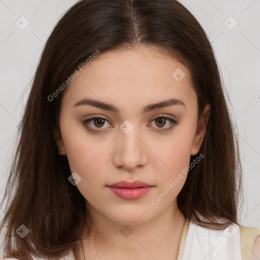 Neutral white young-adult female with long  brown hair and brown eyes