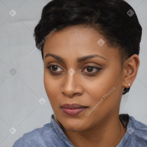 Joyful latino young-adult female with short  black hair and brown eyes