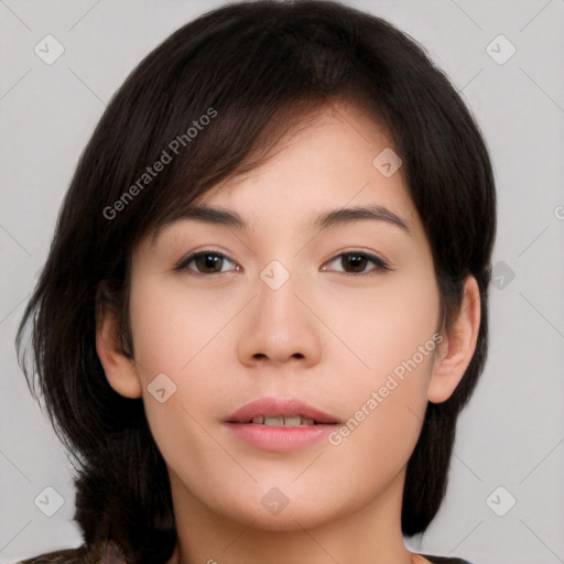 Neutral white young-adult female with medium  brown hair and brown eyes