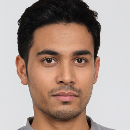 Neutral asian young-adult male with short  black hair and brown eyes