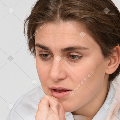 Neutral white young-adult female with medium  brown hair and brown eyes