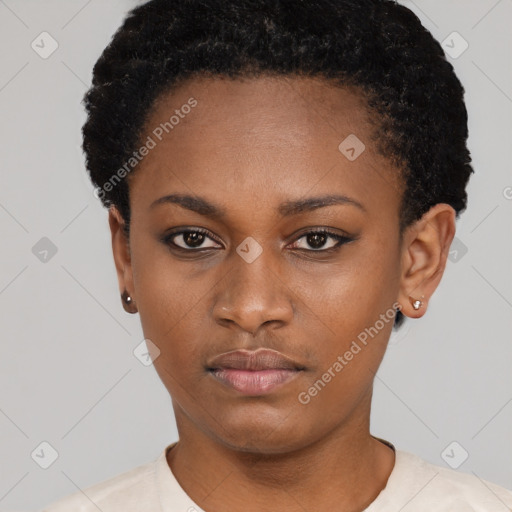 Neutral black young-adult female with short  black hair and brown eyes