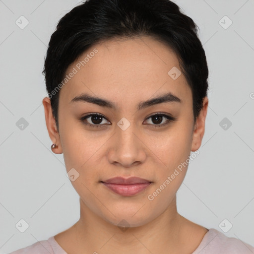 Joyful asian young-adult female with short  black hair and brown eyes