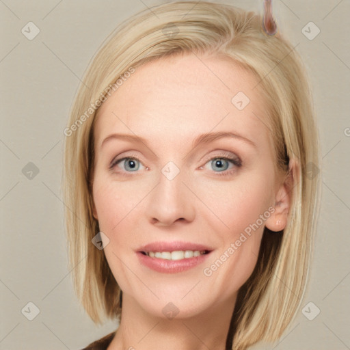 Joyful white young-adult female with medium  brown hair and blue eyes