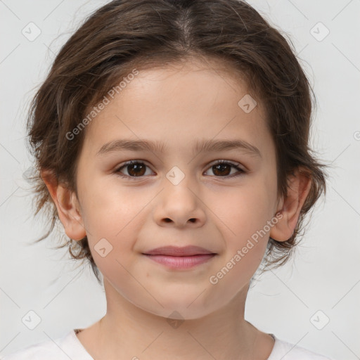 Joyful white child female with medium  brown hair and brown eyes