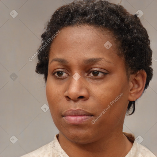 Neutral black young-adult female with short  brown hair and brown eyes