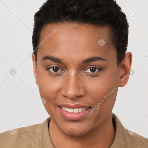 Joyful white young-adult female with short  brown hair and brown eyes