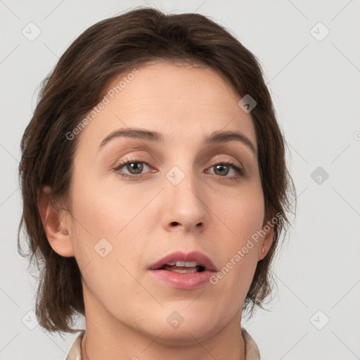 Neutral white young-adult female with medium  brown hair and brown eyes