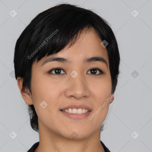 Joyful asian young-adult female with medium  black hair and brown eyes