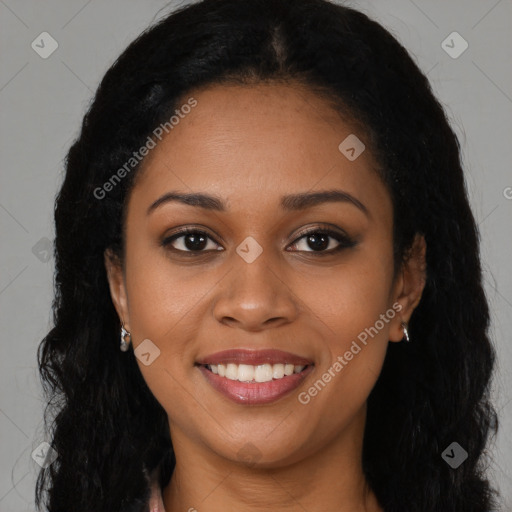 Joyful latino young-adult female with long  black hair and brown eyes