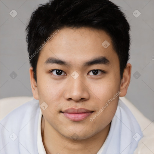 Joyful asian young-adult male with short  black hair and brown eyes