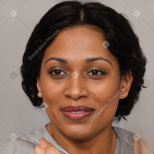 Joyful asian adult female with medium  brown hair and brown eyes