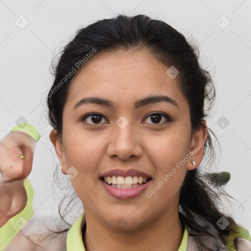 Joyful white young-adult female with medium  brown hair and brown eyes