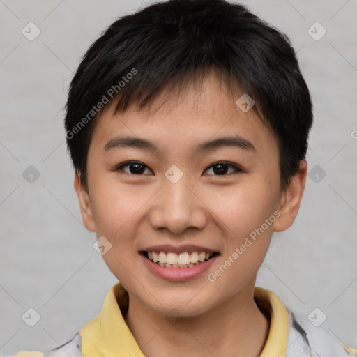 Joyful asian young-adult female with short  brown hair and brown eyes