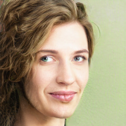 Joyful white young-adult female with long  brown hair and green eyes