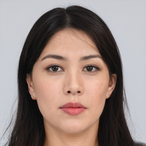 Neutral asian young-adult female with long  brown hair and brown eyes