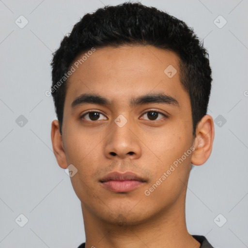 Neutral latino young-adult male with short  black hair and brown eyes