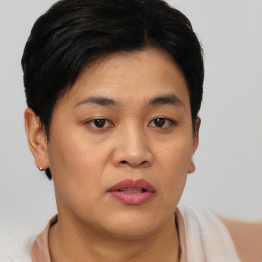 Joyful asian young-adult female with short  brown hair and brown eyes