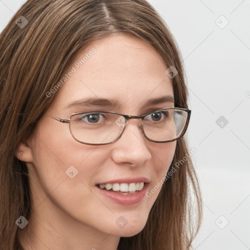 Joyful white young-adult female with long  brown hair and grey eyes