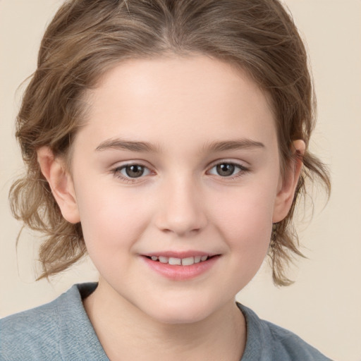 Joyful white child female with medium  brown hair and brown eyes