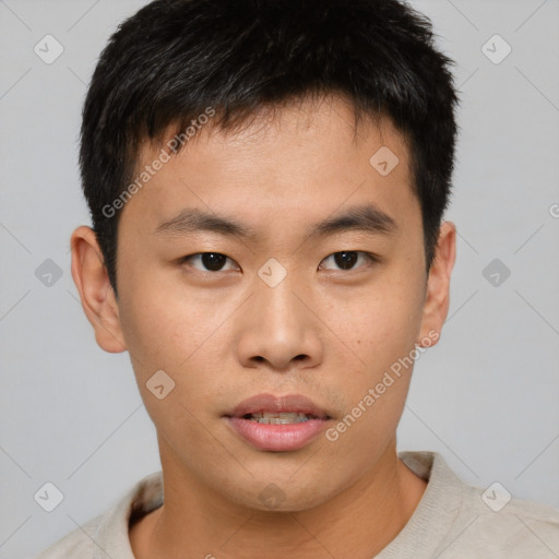 Neutral asian young-adult male with short  brown hair and brown eyes