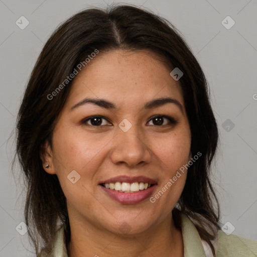 Joyful white young-adult female with medium  brown hair and brown eyes