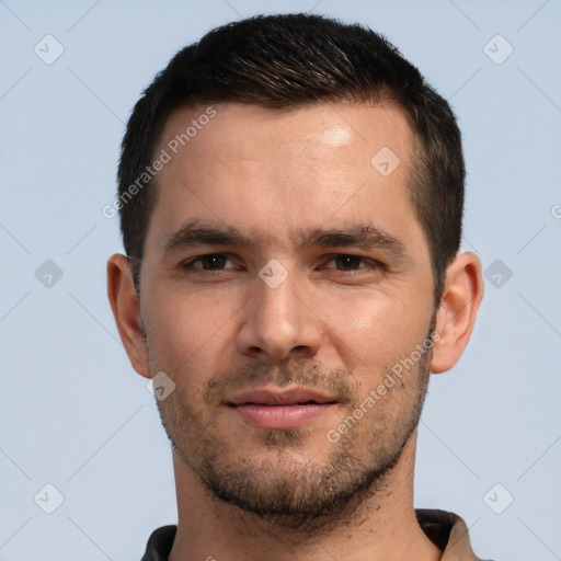 Neutral white young-adult male with short  brown hair and brown eyes