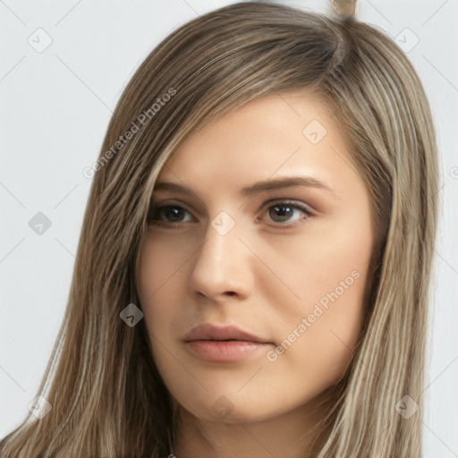 Neutral white young-adult female with long  brown hair and brown eyes