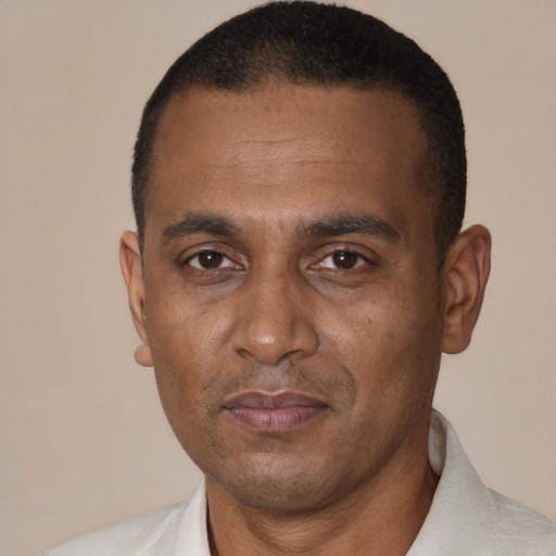 Neutral black adult male with short  black hair and brown eyes