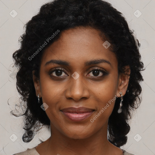 Joyful black young-adult female with medium  black hair and brown eyes