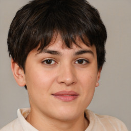 Neutral white young-adult female with short  brown hair and brown eyes
