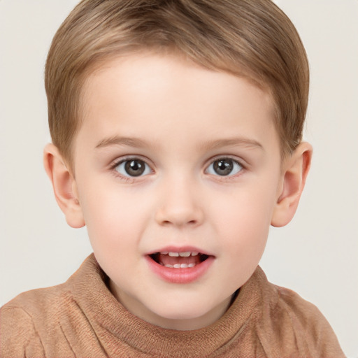 Joyful white child female with short  brown hair and grey eyes