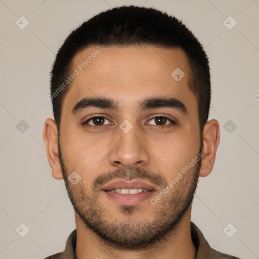 Neutral latino young-adult male with short  black hair and brown eyes