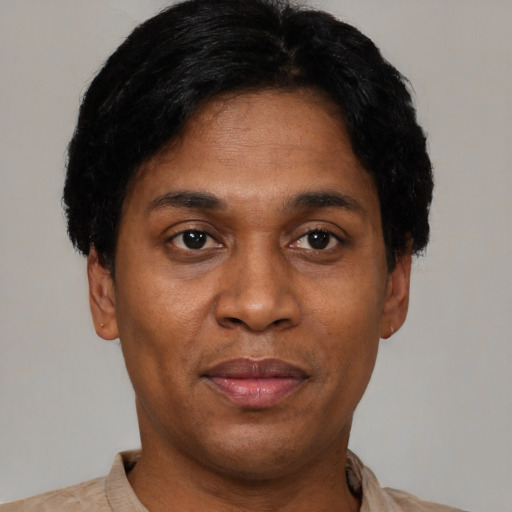 Neutral black adult male with short  black hair and brown eyes