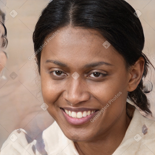 Joyful white young-adult female with medium  brown hair and brown eyes