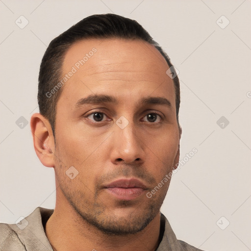 Neutral white young-adult male with short  brown hair and brown eyes