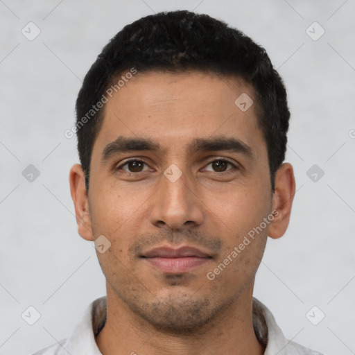 Neutral latino young-adult male with short  black hair and brown eyes