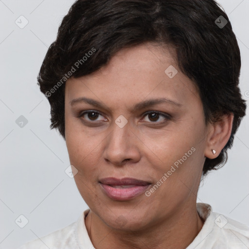 Joyful white adult female with short  brown hair and brown eyes